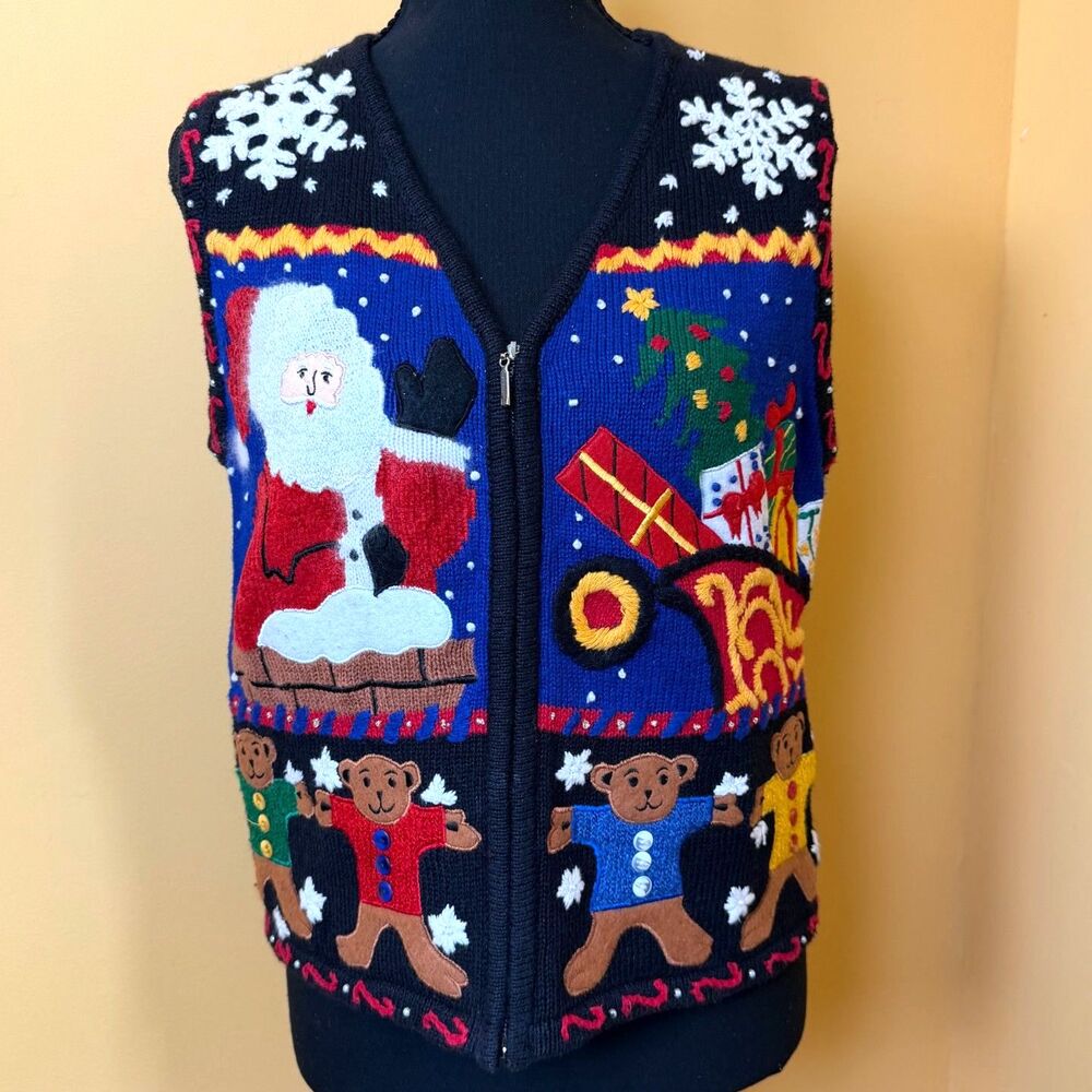 VTG 90s Designers Studio Christmas Sweater Vest Zip Up Santa Teddy Bear Ugly S